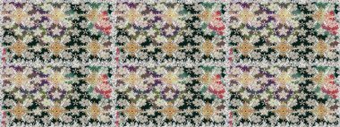 Rengarenk çiçekleri ve doğal renklerde yaprakları olan harika, pürüzsüz çiçek deseni. Modern çiçek arkaplanı. Moda baskıları için zarif bir şablon. Halk stili.