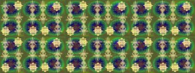 Raster illüstrasyonu. Kar tanelerinin soyut arkaplanlı Noel şablonu. Noel ve yeni yıl moda baskıları için tatil tasarımı. Yeşil, mavi ve sarı renkler.