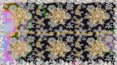 Süslü raster dekorasyonu. Lüks, kraliyet ve Viktorya dönemi konsepti. Gri renklerdeki altın element. Klasik barok çiçekli desenli altın renginde gri renkte..