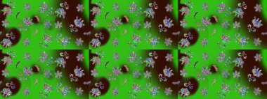 Çok yeşil zarif küçük çiçekler ve yeşil renkli komik böcekler, raster desen, illüstrasyon.