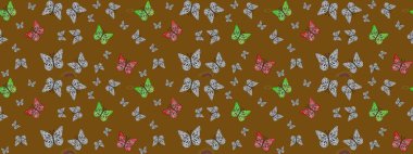 Renkli desen. Kahverengi renkli resimler. Raster illüstrasyonu. Kitap sayfaları için çiçek ormanlarında uçan güzel kelebekler. Fantezi güzel illüstrasyon.