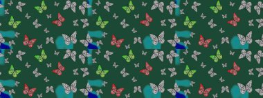 Robot resim. Kelebek deseni. Yeşil arka planda bir resim. Raster. Kumaş, tekstil, baskı ve davet için desen.