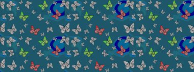 Basit bir şekilde. Tropik kelebek çizim deseni mavi renklerde. Raster illüstrasyonu. Kelebek görüntüsü. Çiz, çiz, çiz.