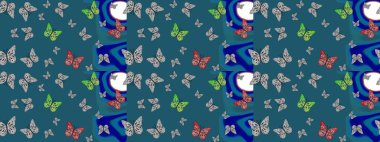 Sonsuz. Raster illüstrasyonu. Giysi kumaşı için böcek dokusu parçası tekrarlanıyor. Çizim, karalama, karalama. Mavi üzerine güzel bir kelebek kumaşı çizimi. Bahar Kelebeği teması.