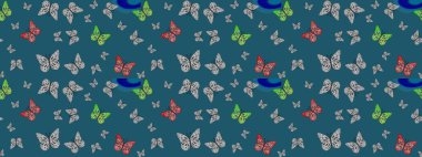 Bahar ve yaz tropikal kelebek çizim deseni mavi renklerde. Kumaş, kağıt ve ambalaj için uygun. Kelebek gölgeleri ve siluetler. Raster illüstrasyonu.
