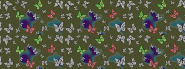 Güzel Kelebek Siluetleriyle Moda Dekorasyonu. Renkli Kelebeklerle Bahar Arkaplanı. Kart, Davetiye ve Yazdırma için Şirin Kadınsı Desen. Yeşil renkte Raster Arkaplanı.