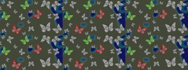 Güzel bir kumaş tasarımı. Dekoratif el çizimi kelebekler. Yeşil renkli resim. Raster illüstrasyonu.