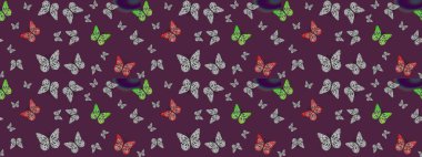 Kağıt, kumaş ve ambalaj için uygun. Kahverengi arka planda renkli kelebek koleksiyonu. Robot resim. Kart, baskı ve davetiye için basit kadınsı bir model. Raster illüstrasyonu.