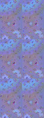 Eski usul. Raster illüstrasyonu. Eskiz geçmişi. Kumaş, tekstil, duvar kağıdı baskısı için. Renkli desenli eskiz deseni, mor ve mavi çiçekler ve dekoratif elementler.