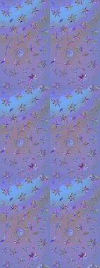 Mor ve mavi renkte çiçekler. Elle boyanmış suluboya resim çizimi çiçekler ve bitkiler.