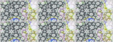 Gri renklerde bahar çiçekleri. Raster deseni. Patlayan çiçekler soyut olarak yerleştirilmiş. Raster illüstrasyonu.