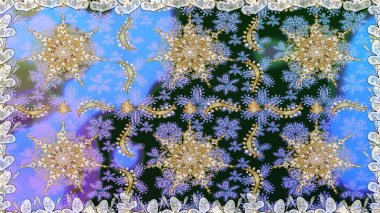 Soyut duvar kâğıdı, ambalaj dekorasyonu. Kış sembolü, Mutlu Noeller, Mutlu yıllar 2019. Mavi renkli Raster altın deseni. Altın kar taneleri basit, pürüzsüz desen.