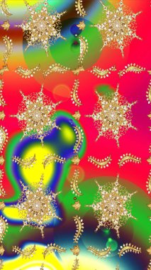 Raster illüstrasyonu. Çiçek buketleriyle klasik bir eskiz şekli. Kırmızı, yeşil ve sarı renklerde.