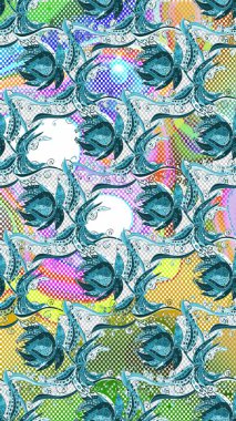 Renkli grunge soyut arka planda Coloblue, nötr ve yeşil çiçeklerle gelişir. Nakış işlemeli çiçek desenli. İzler, kumaş, duvar kağıtları, tekstil için raster dokusu.