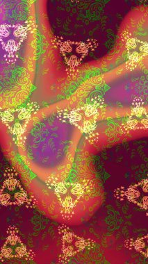 Mor, kırmızı ve turuncu renklerde Asya tekstili. Raster illüstrasyonu. Suluboya çiçekli çiçek deseni.