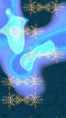 Raster illüstrasyonundaki çiçek desenli çizim. Çiçekler suluboya tarzında mavi, nötr ve gri renklerde.