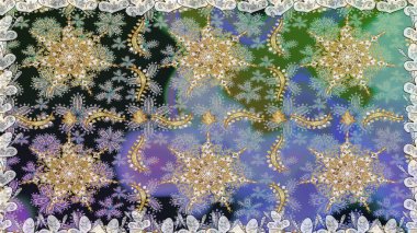 El yapımı dekoratif çerçeve, albüm kapağı, tebrik kartı, klasik Art deco tarzı. Raster soyut çiçek çelengi altın karalama fantezi yaprakları ve gri renkli çiçekler.