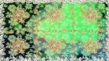 Altın karalama fantezi yapraklarından ve yeşil renkli çiçeklerden Raster soyut çiçek çelengi. El yapımı dekoratif çerçeve, albüm kapağı, tebrik kartı, klasik Art deco tarzı.