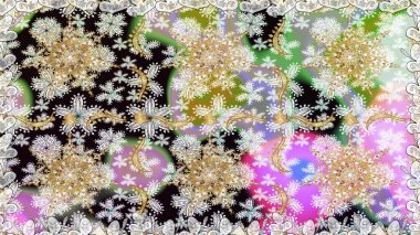 Kusursuz kraliyet lüksü, altın barok kumaş rengi. Altın antika ortaçağ dekoratifi, yapraklar ve tarafsız renklerde altın desenli süslemeleri olan pürüzsüz bir desen..