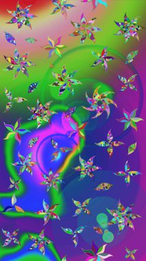 Suluboya, elle çizilmiş. Raster hisseleri. Çiçekler yeşil ve maviye. Taslak arkaplan deseni.