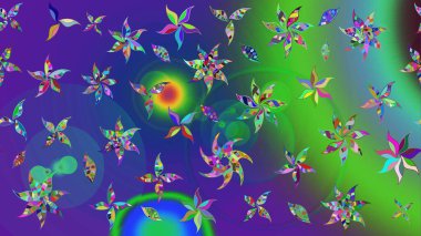 Hediye ambalaj kağıdı, tebrik kartları, posterler ve pankart tasarımı. Yeşil ve mavi renkte çiçekler. Raster düz çiçek çizim deseni.