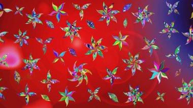 Küçük çiçekteki sevimli çiçek deseni. Bir sürü kırmızı ve mor soyut çiçekli tropik eskiz deseni. Renkli ve menekşe rengi raster çizimi.