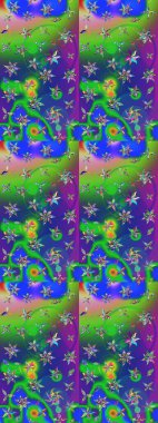 Raster illüstrasyonu. Şirin çiçekli eskiz deseni ve yeşil ve mavi renkli yapraklar, suluboya çiçek deseni, duvar kağıdı, kart veya kumaş için fayanslı.