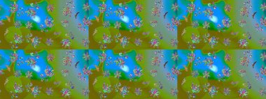 Retro tekstil tasarım koleksiyonu. El çizimi çiçek unsurları olan soyut çizim raster deseni. Yeşil yeşile. Çiçekli ipek eşarp. 1950 'ler-1960' lar motifleri.