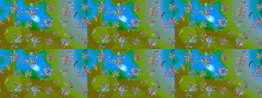 Retro tekstil tasarım koleksiyonu. El çizimi çiçek unsurları olan soyut çizim raster deseni. Yeşil yeşile. Çiçekli ipek eşarp. 1950 'ler-1960' lar motifleri.