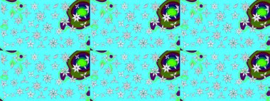 Raster düz çiçek çizim deseni. Hediye ambalaj kağıdı, tebrik kartları, posterler ve pankart tasarımı. Mavi renkte çiçekler.