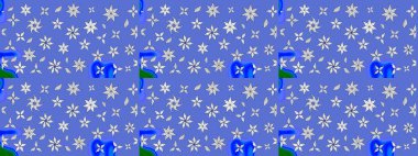 Çiçek desenli eskiz, darbeler, sıçramalar, yaz çiçekleri. Raster illüstrasyonu. Mavi renkte çiçekler.