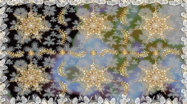 Gri renklerde ve altın elementlerle kusursuz klasik desen. Gri renkler ve altın elementler üzerinde altın pürüzsüz desen. Noel, kar tanesi, yeni yıl.