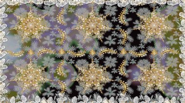 Noel, kar tanesi, yeni yıl. Gri renkler ve altın elementler üzerinde altın pürüzsüz desen. Gri renklerde, altın elementlerle kusursuz klasik desen.