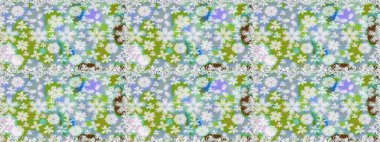 Küçük çiçekte güzel bir desen. Küçük renkli çiçekler. Tarafsız çiçekli bahar çiçekleri. Moda baskıları için zarif bir şablon. Motley illüstrasyonu.