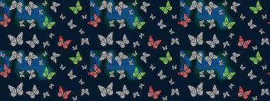 Kelebekli yaz arkaplanı mavi renkler. Güve ile Raster Geçmişi. Güzel Kelebek Siluetleriyle Moda Dekorasyonu. Kart, Davetiye ve Yazdırma İçin Basit Kadınsal Desen.