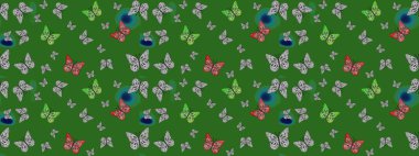 Yeşil renkli illüstrasyon. Kelebekli çizim şekli. Raster. Tekstil, kumaş, baskı ve davet için arkaplan.