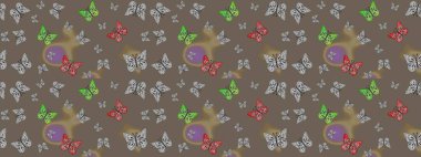 Raster illüstrasyonu. Moda sevimli kumaş tasarımı. Kahverengi arka planda güzel renkli kelebeklerin Raster vintage el çizimi.