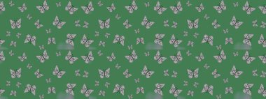 Tekstil, duvar kâğıtları, web sayfası arkaplanları ve yüzey dokuları için mükemmel. Yeşil renkli şirin kelebek çizimi. Raster illüstrasyonu. Tropikal temada kelebek çiçek deseni.