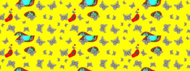 Kıyafet tarzı için sarı arka planda dekorasyon. Farklı renkte kelebeklerin çizimi. Raster illüstrasyonu. Tasarım için Raster Kelebekleri. Fantezi renkli resimler koleksiyonu.