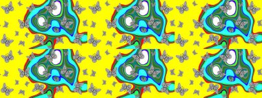 Raster illüstrasyonu. Tekstil, duvar kâğıtları, web sayfası arkaplanları ve yüzey dokuları için mükemmel. Sarı renkli kelebeklerin eskiz arkaplanı.