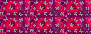 Basit bir şekilde. Eskiz kalıbı arka planı. Raster illüstrasyonu. Mor renkte soyut sevimli kelebek.