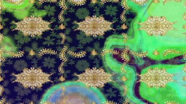 Arkaplan, kumaş, altın duvar kağıdı. Düz elle çizilmiş klasik koleksiyon. Raster Golden eskiz kalıbı. Altın elementlerle yeşil renklerde altın desen.