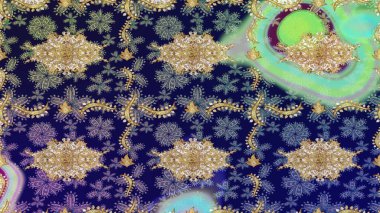 Raster illüstrasyonu. Altın elementli mavi renklerde altın eskiz deseni. Klasik altın desenli eskiz. Tekrarlayan ögelerle soyut arkaplan Raster.