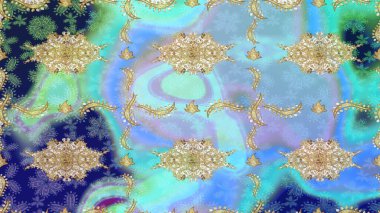 Altın şablonu çiz. Altın elementlerle mavi renklerde altın desen. Raster doğulu süsü.
