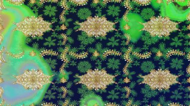Raster illüstrasyonu. Altın elementli yeşil renkte klasik eskiz deseni.