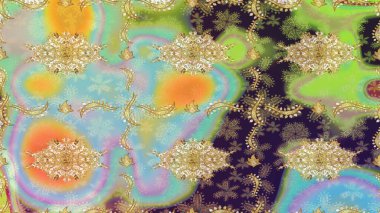 Davetiyeler, kartlar, web sayfası için Raster illüstrasyon. Tarafsız renklerde altın element. Tasarım şablonu için çizgi çizimi sınırı. Altın desenli çiçek dekoru. Doğu tarzı ögesi.