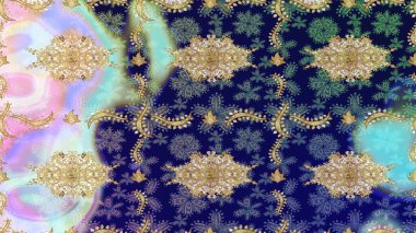 Davetiyeler, kartlar, web sayfası için Raster illüstrasyon. Doğu tarzı element. Altın desenli çiçek dekoru. Mavi renklerdeki altın element. Tasarım şablonu için çizgi çizimi sınırı.