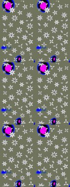 Raster Çiçek İllüstrasyonu 'nun şirin tekstili. Yeşil ve beyaz renkli etnik çiçeklerle zarif bir eskiz deseni.