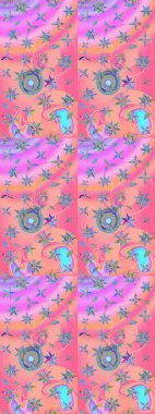 1950-1960 motifleri. El çizimi çiçek unsurları olan soyut çizim raster deseni. Retro tekstil tasarım koleksiyonu. Çiçekli ipek eşarp. Pembe ve nötr pembe ve nötr.