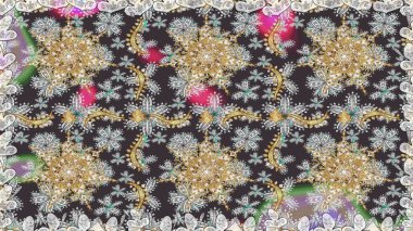 Damask altın soyut çiçek gri renklerde pürüzsüz desen. Raster illüstrasyonu. Süsleme.